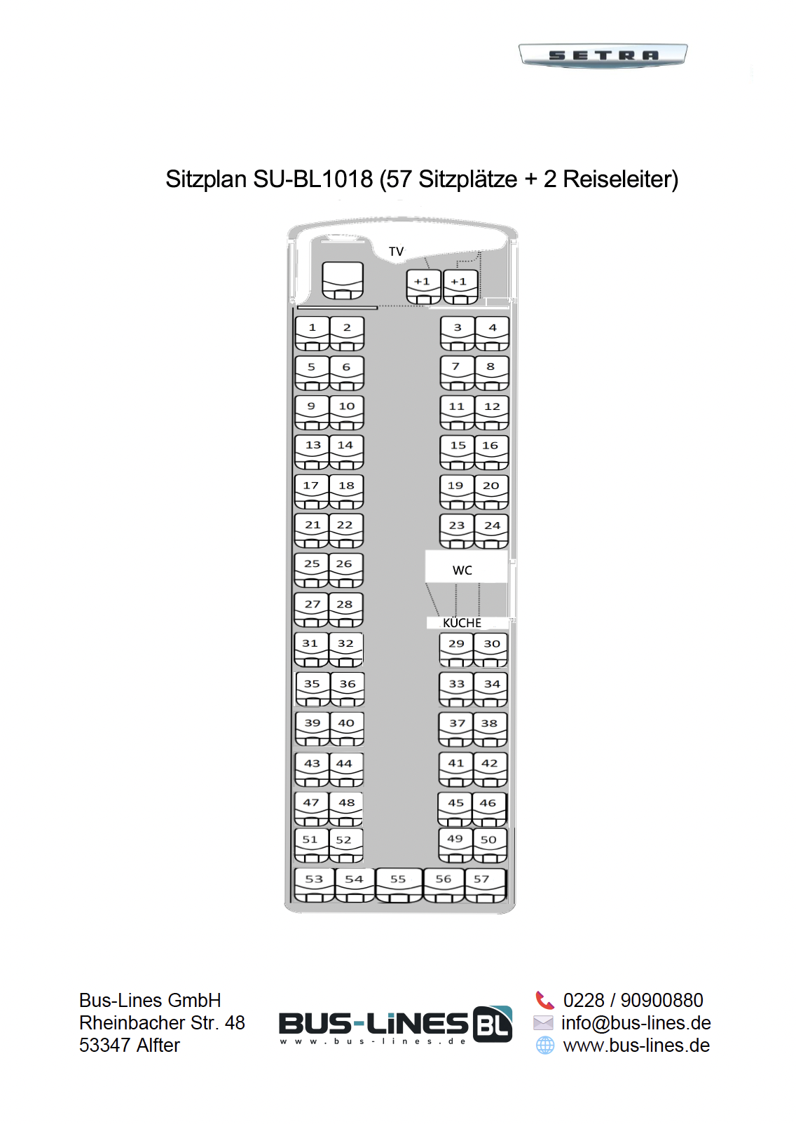 Sitzplan eines Setra-Busses SU-BL1018 mit 57 Plätzen und 2 Reiseleiterplätzen, inklusive WC und Küche.
