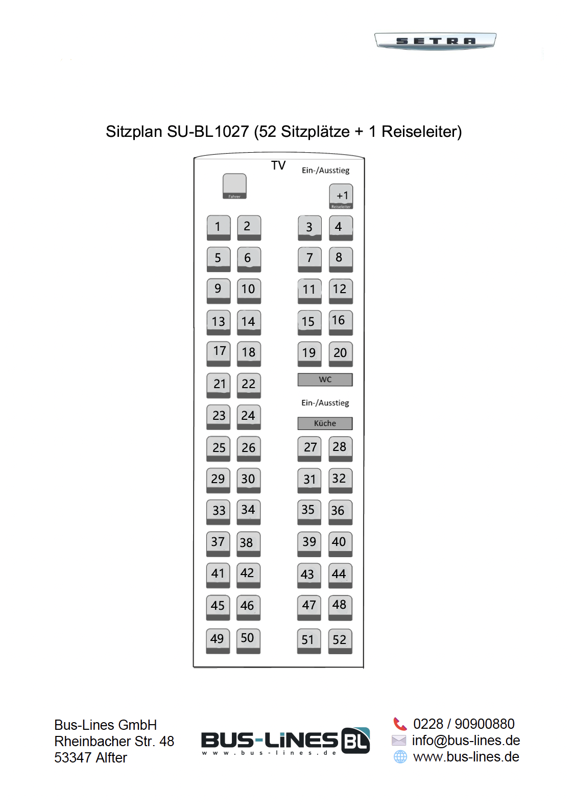 Sitzplan des Setra-Busses SU-BL1027 mit 52 Sitzplätzen und einem Reiseleiterplatz, inklusive TV, Küche und WC.