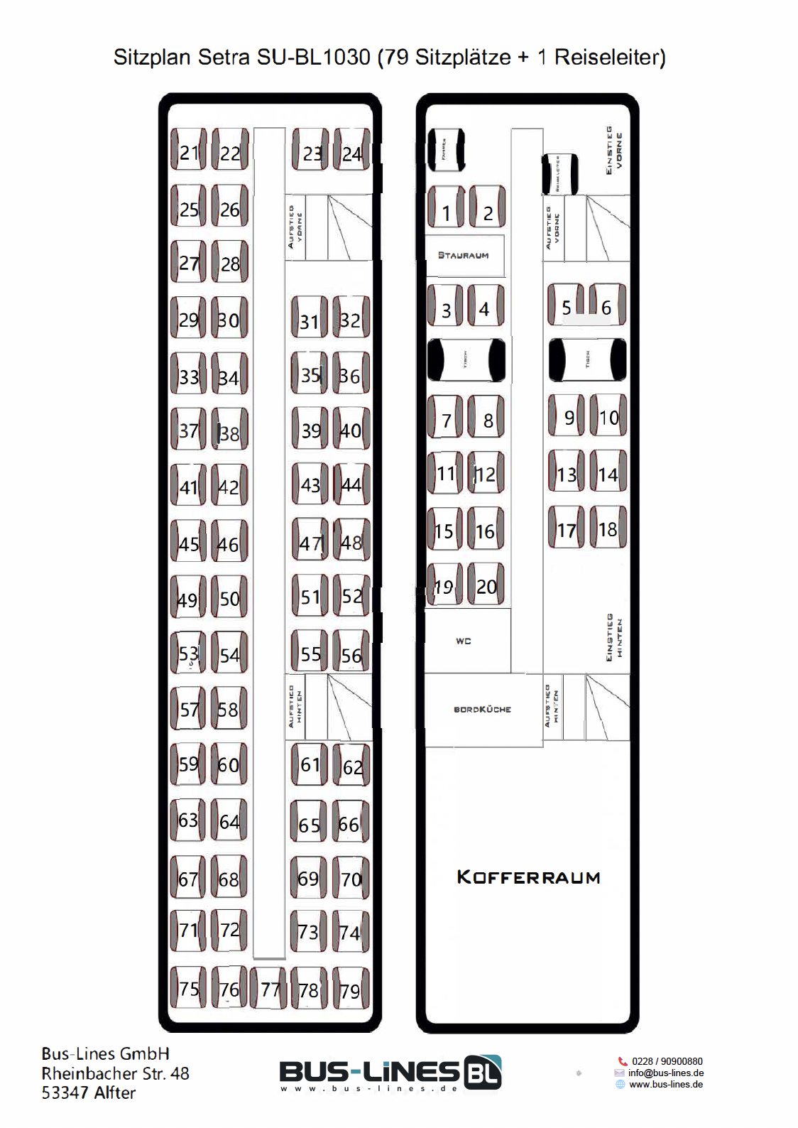 Sitzplan des Setra SU-BL1030 Busses mit 79 Plätzen und einem Reiseleiter, einschließlich WC und Bordküche.
