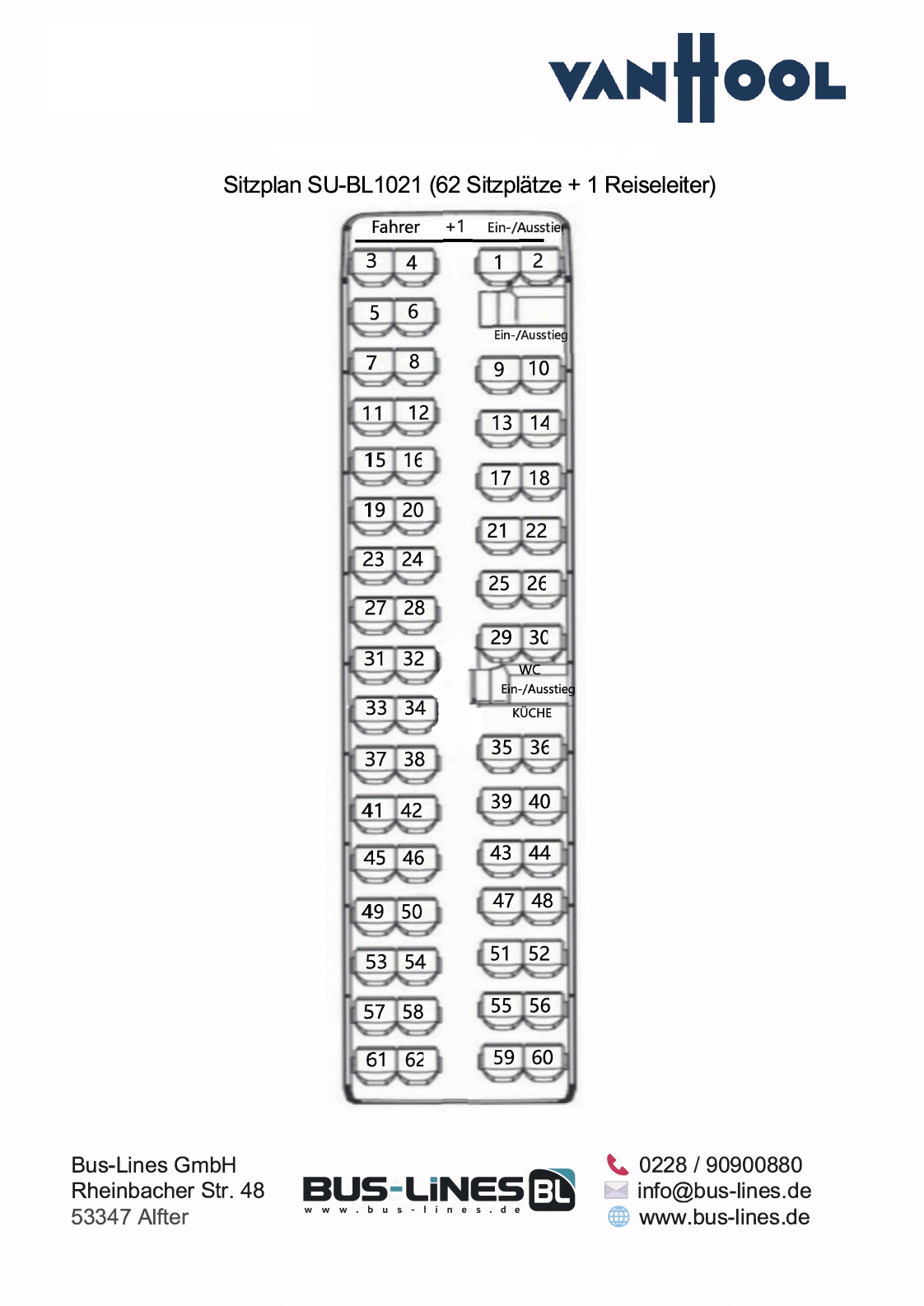 Sitzplan des VanHool Reisebusses SU-BL1021 mit 62 Plätzen, inklusive Reiseleiterplatz, WC und Küche.