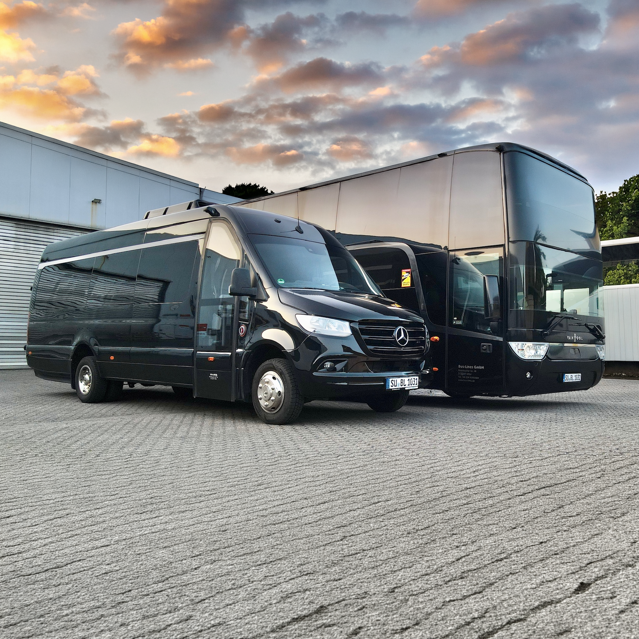 Zwei schwarze Reisebusse, ein Mercedes Sprinter und ein großer Doppeldecker, stehen auf einem Parkplatz bei Sonnenuntergang.